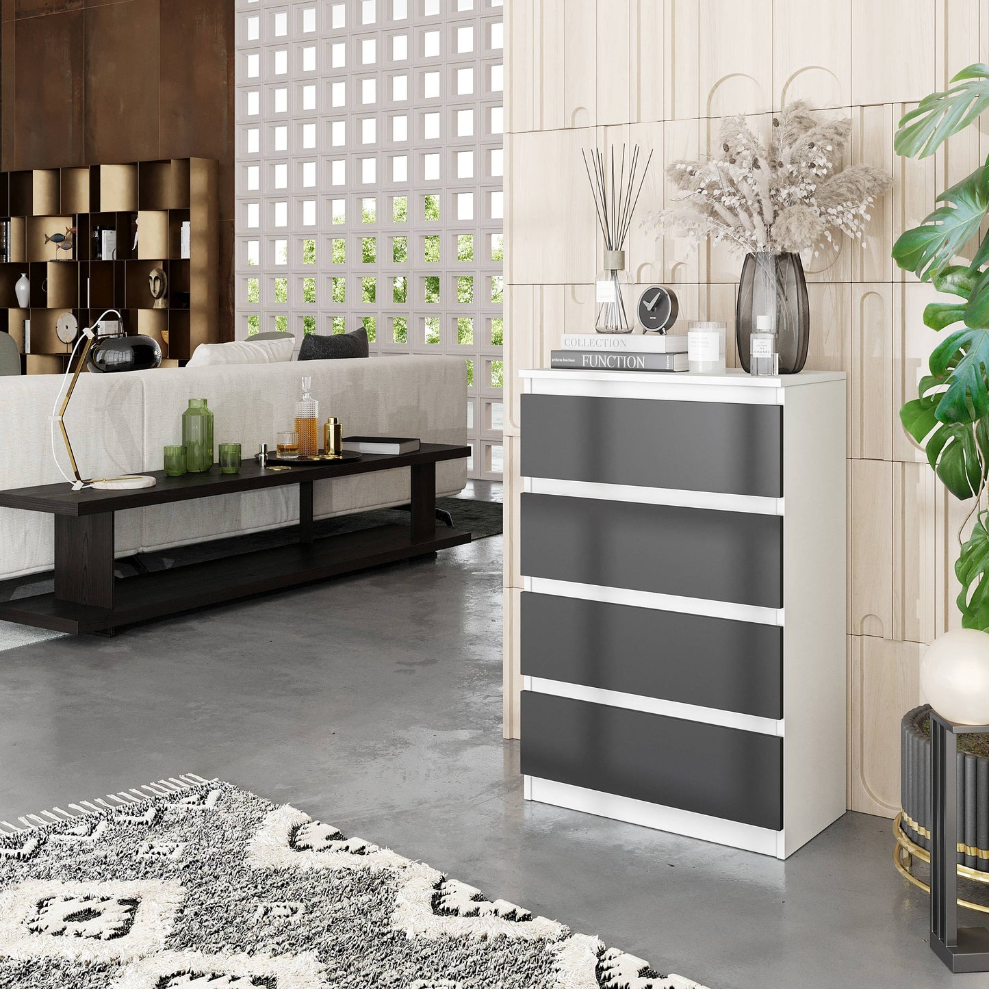 GABRIEL - Kommode / Sideboard mit 4 Schubladen - Weiß Matt / Anthrazit H92cm B60cm T33cm