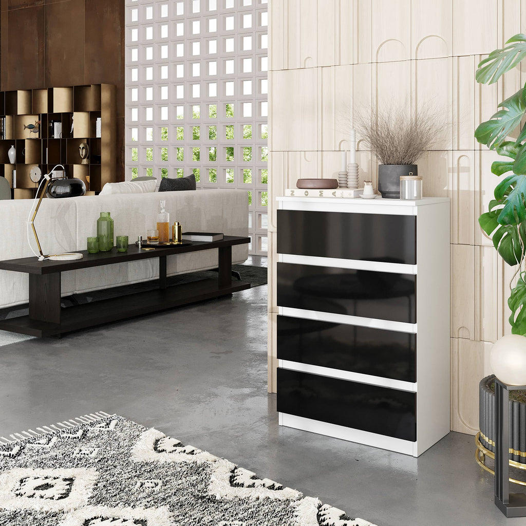 GABRIEL - Kommode / Sideboard mit 4 Schubladen - Weiß Matt / Schwarz Gloss H92cm B60cm T33cm