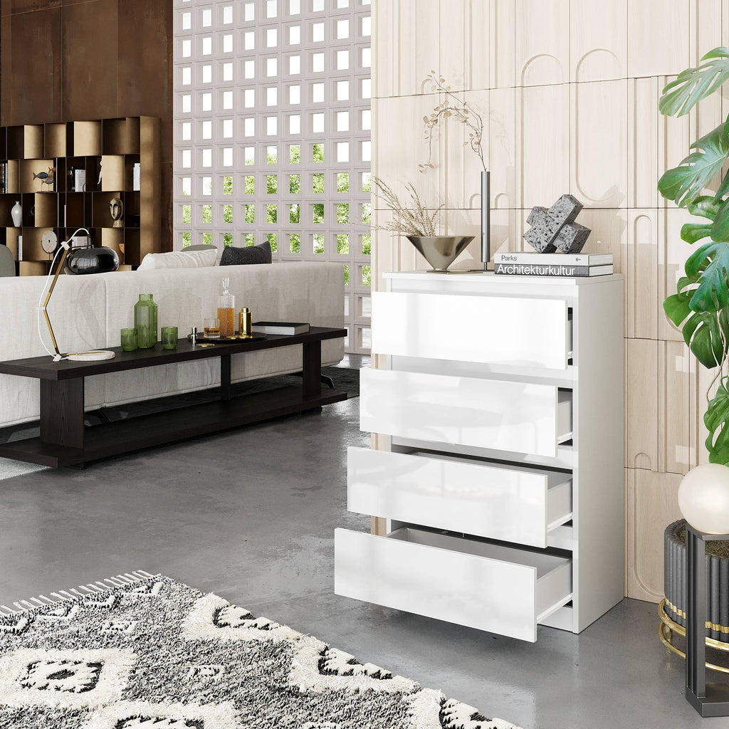 GABRIEL - Kommode / Sideboard mit 4 Schubladen - Weiß Matt / Weiß Gloss H92cm B60cm T33cm