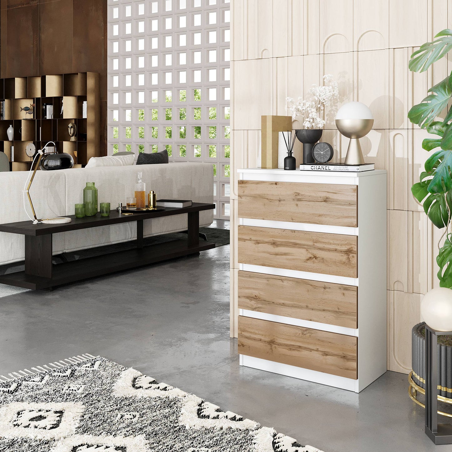 GABRIEL - Kommode / Sideboard mit 4 Schubladen - Weiß Matt / Wotan Eiche H92cm B60cm T33cm