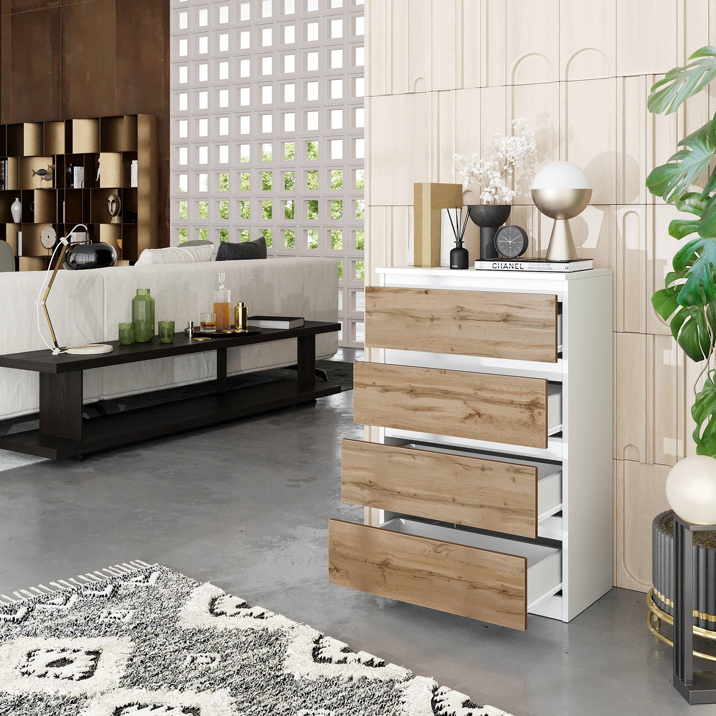 GABRIEL - Kommode / Sideboard mit 4 Schubladen - Weiß Matt / Wotan Eiche H92cm B60cm T33cm