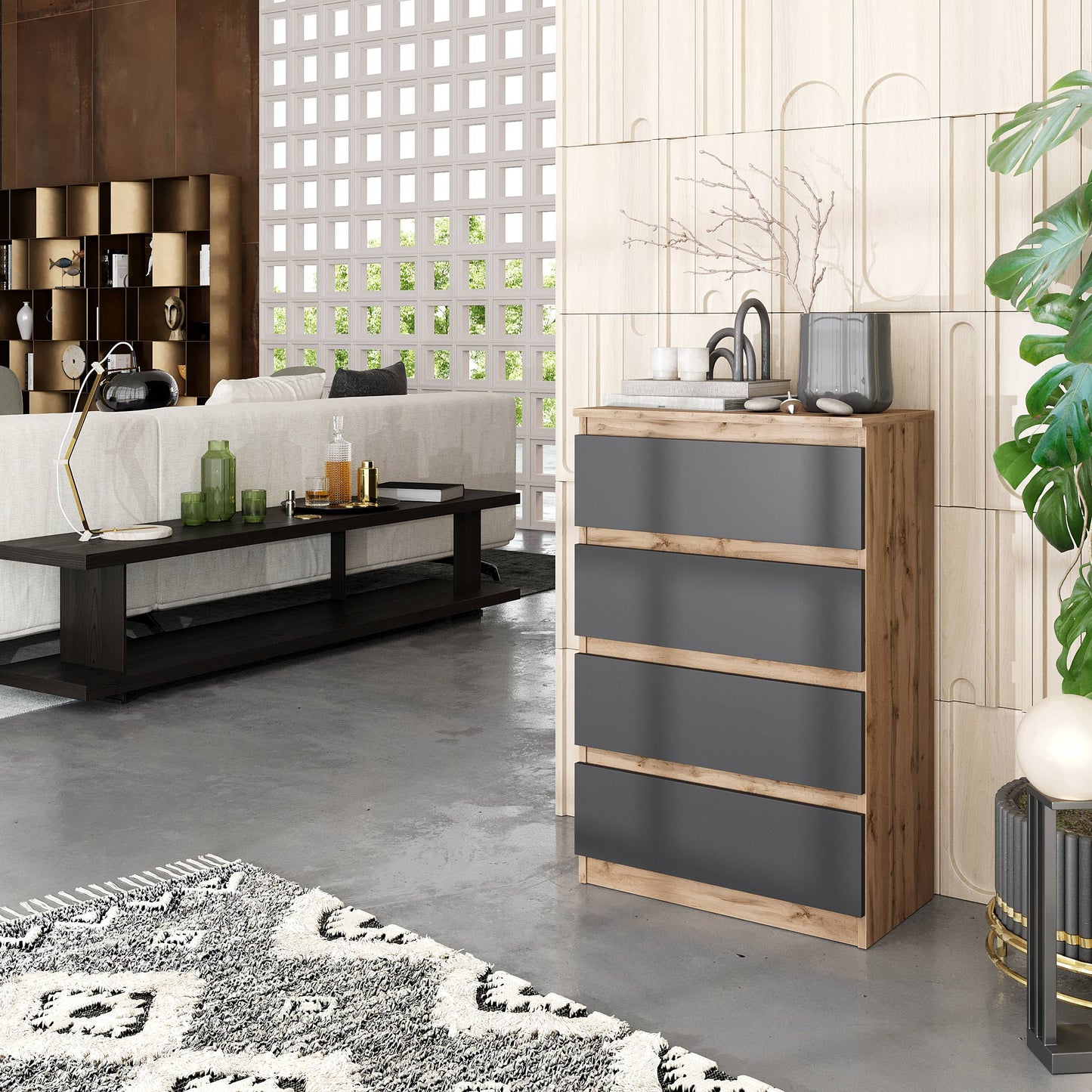 GABRIEL - Kommode / Sideboard mit 4 Schubladen - Wotan Eiche / Anthrazit H92cm B60cm T33cm