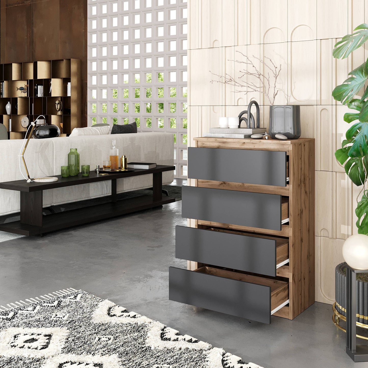 GABRIEL - Kommode / Sideboard mit 4 Schubladen - Wotan Eiche / Anthrazit H92cm B60cm T33cm