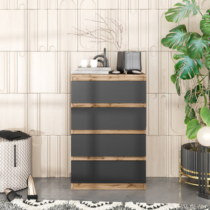 GABRIEL - Kommode / Sideboard mit 4 Schubladen - Wotan Eiche / Anthrazit H92cm B60cm T33cm