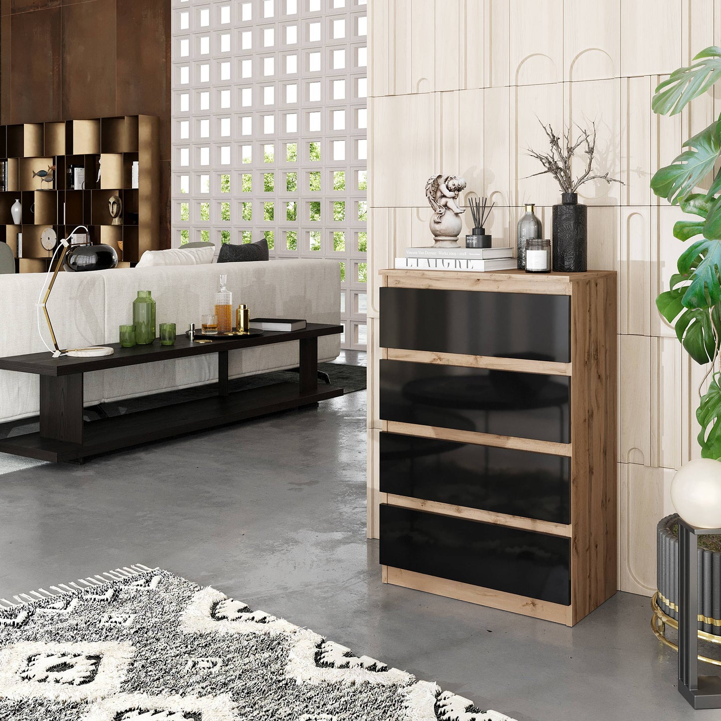 GABRIEL - Kommode / Sideboard mit 4 Schubladen - Wotan Eiche / Schwarz Gloss H92cm B60cm T33cm