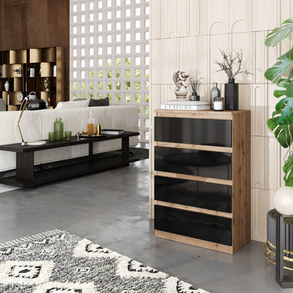 GABRIEL - Kommode / Sideboard mit 4 Schubladen - Wotan Eiche / Schwarz Gloss H92cm B60cm T33cm