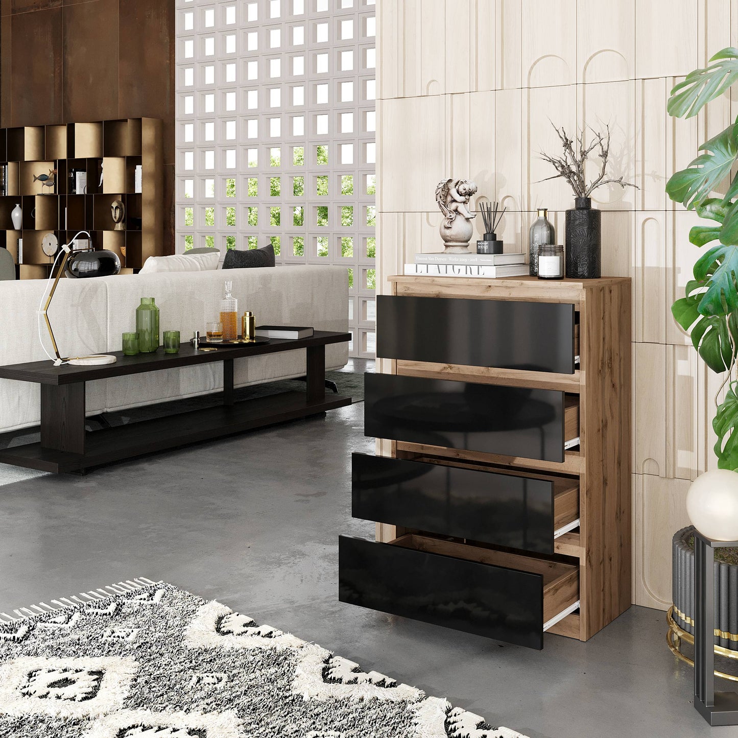 GABRIEL - Kommode / Sideboard mit 4 Schubladen - Wotan Eiche / Schwarz Gloss H92cm B60cm T33cm