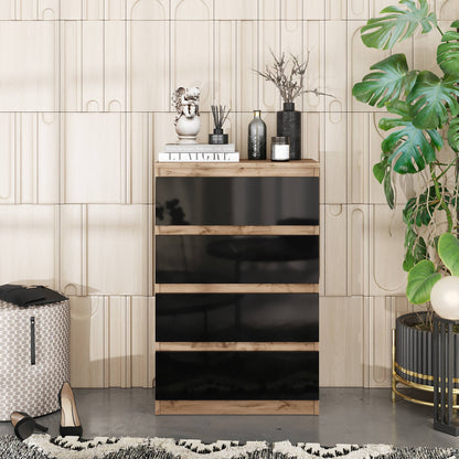 GABRIEL - Kommode / Sideboard mit 4 Schubladen - Wotan Eiche / Schwarz Gloss H92cm B60cm T33cm