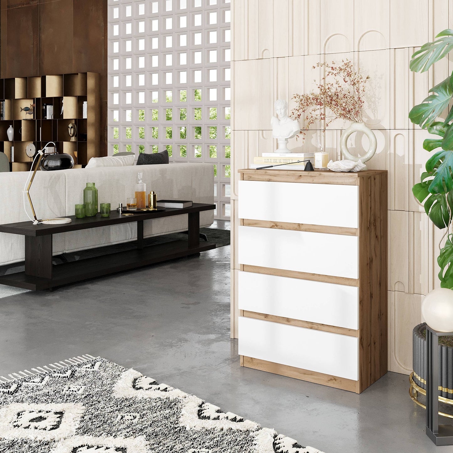 GABRIEL - Kommode / Sideboard mit 4 Schubladen - Wotan Eiche / Weiß Matt H92cm B60cm T33cm