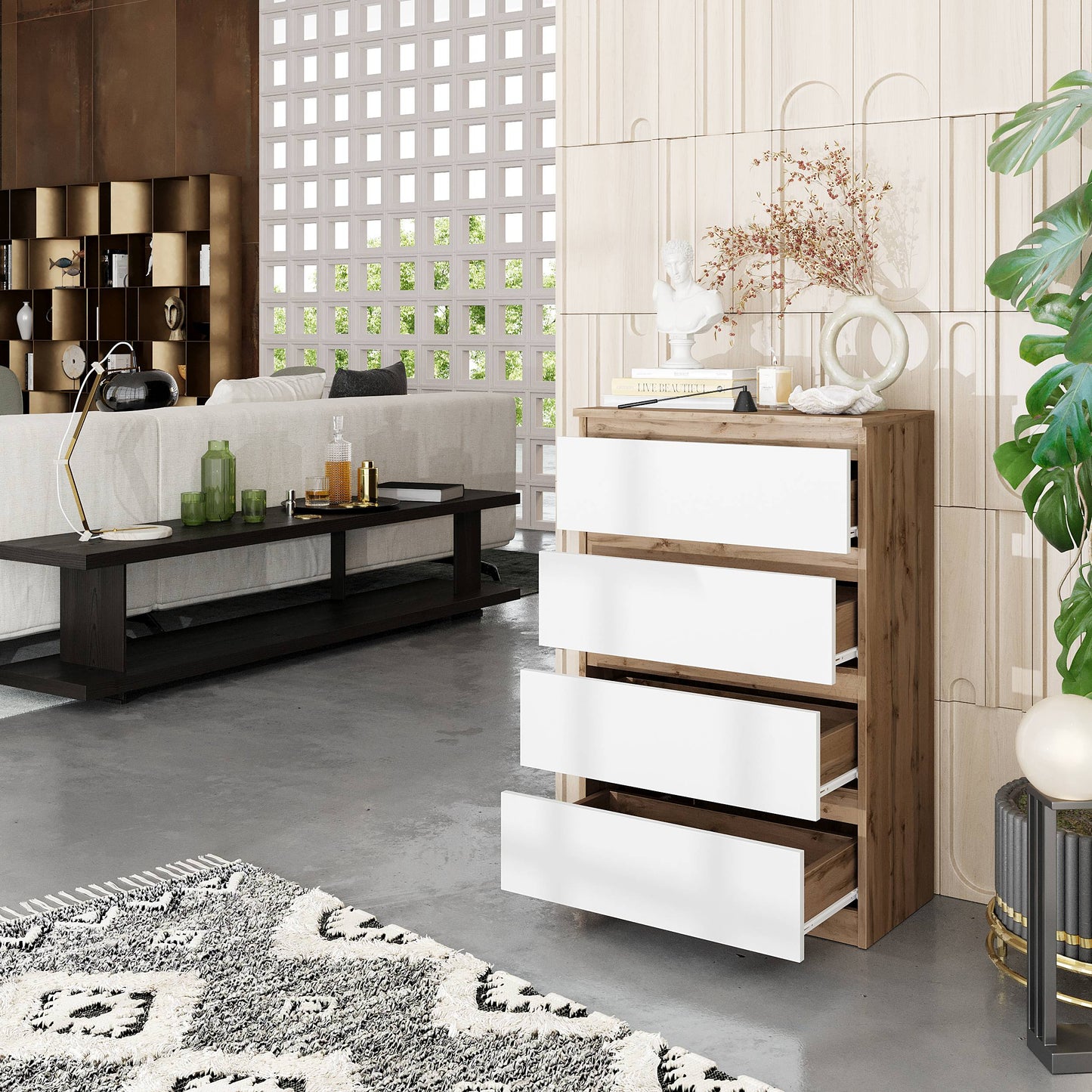 GABRIEL - Kommode / Sideboard mit 4 Schubladen - Wotan Eiche / Weiß Matt H92cm B60cm T33cm