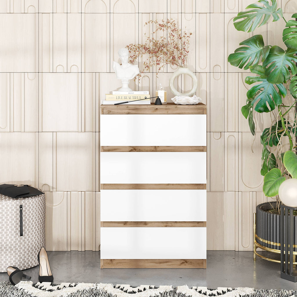 GABRIEL - Kommode / Sideboard mit 4 Schubladen - Wotan Eiche / Weiß Matt H92cm B60cm T33cm