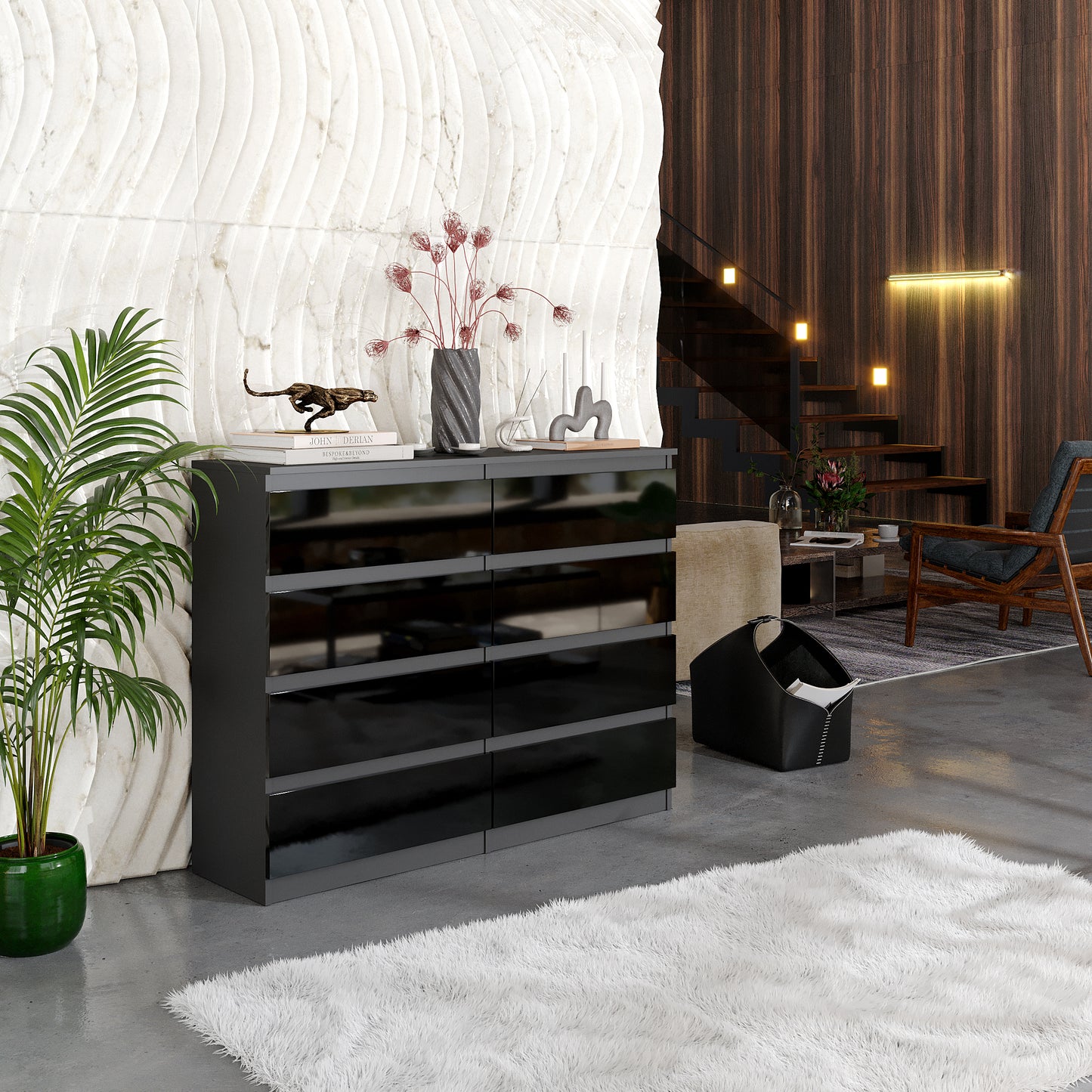 GABRIEL - Kommode / Sideboard mit 8 Schubladen - Anthrazit / Schwarz Gloss H92cm B120cm T33cm