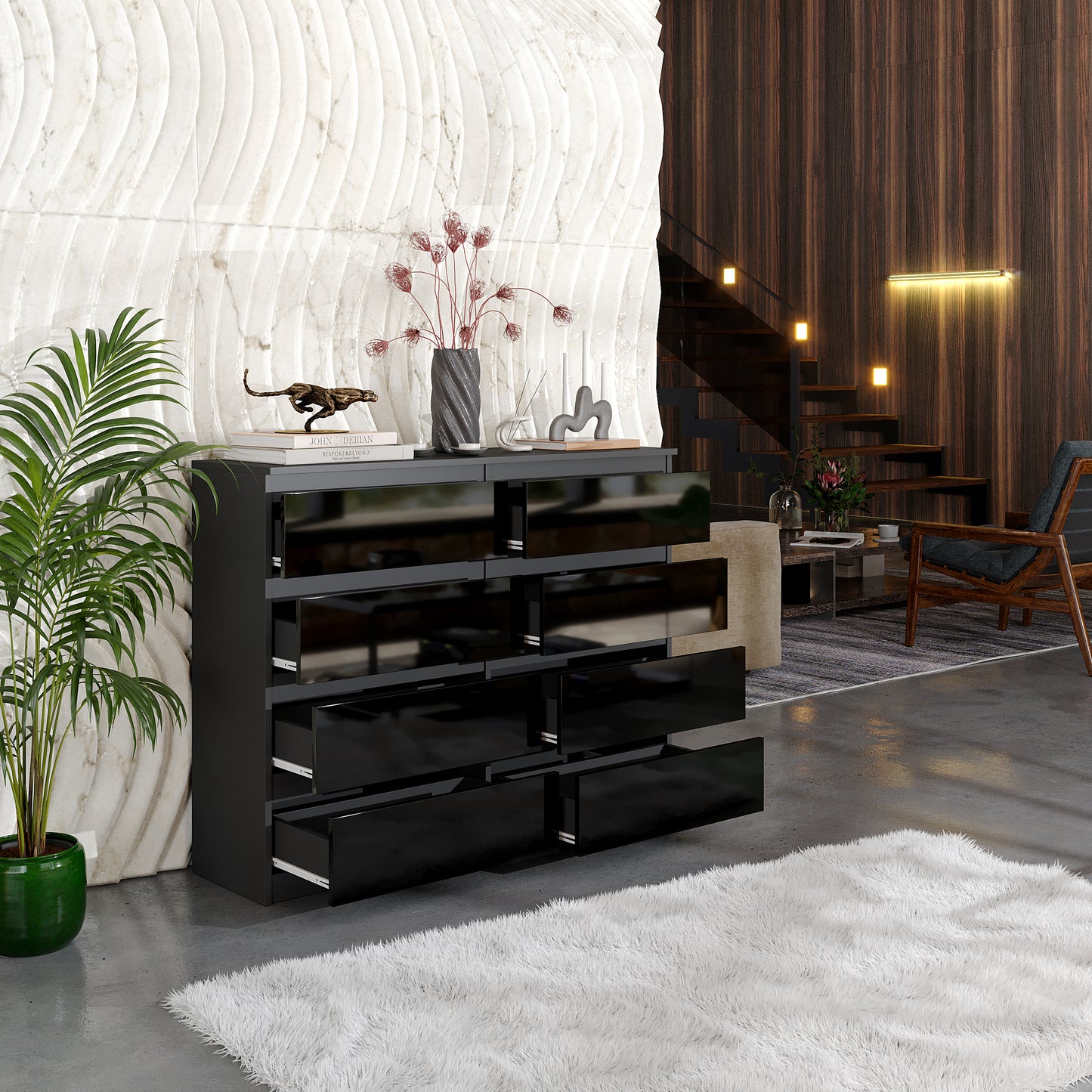 GABRIEL - Kommode / Sideboard mit 8 Schubladen - Anthrazit / Schwarz Gloss H92cm B120cm T33cm