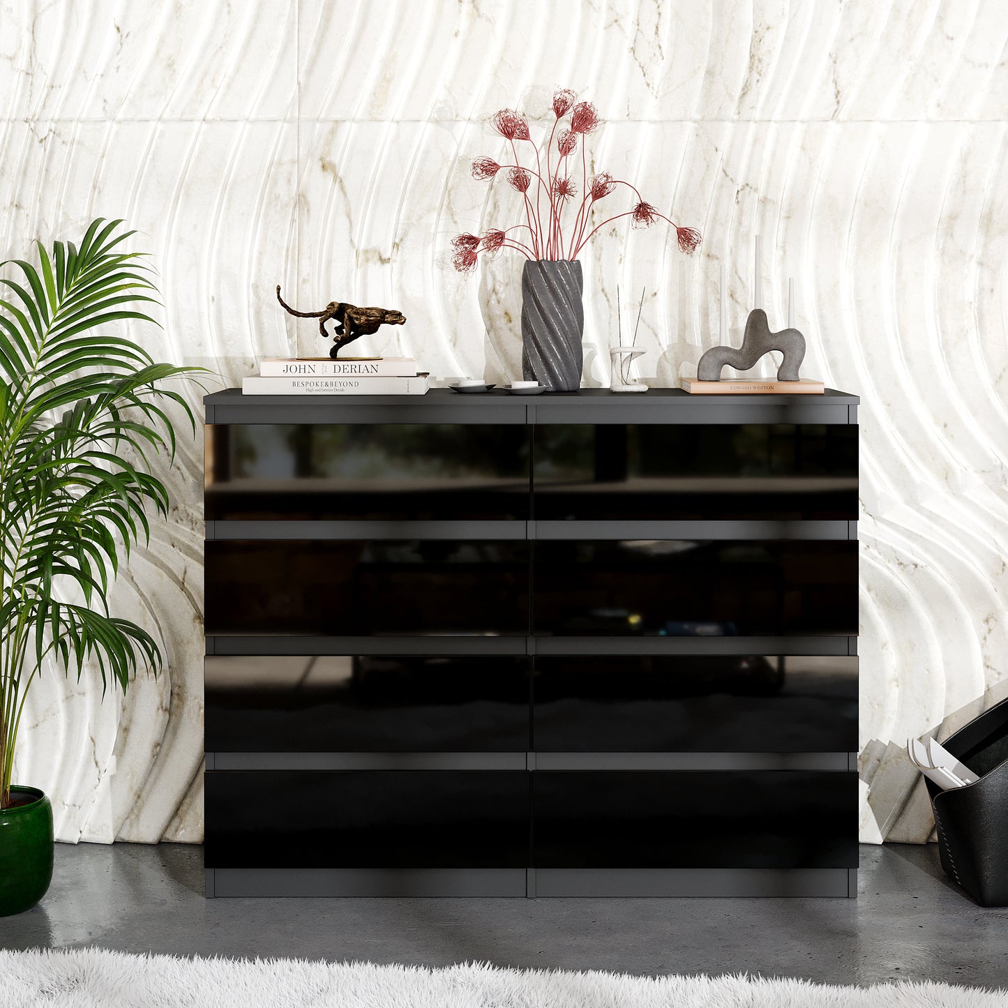 GABRIEL - Kommode / Sideboard mit 8 Schubladen - Anthrazit / Schwarz Gloss H92cm B120cm T33cm