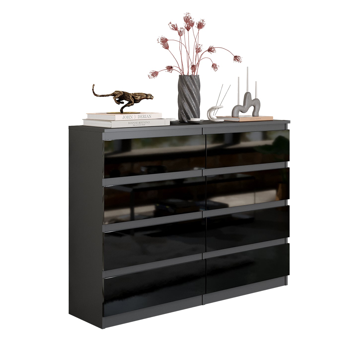 GABRIEL - Kommode / Sideboard mit 8 Schubladen - Anthrazit / Schwarz Gloss H92cm B120cm T33cm