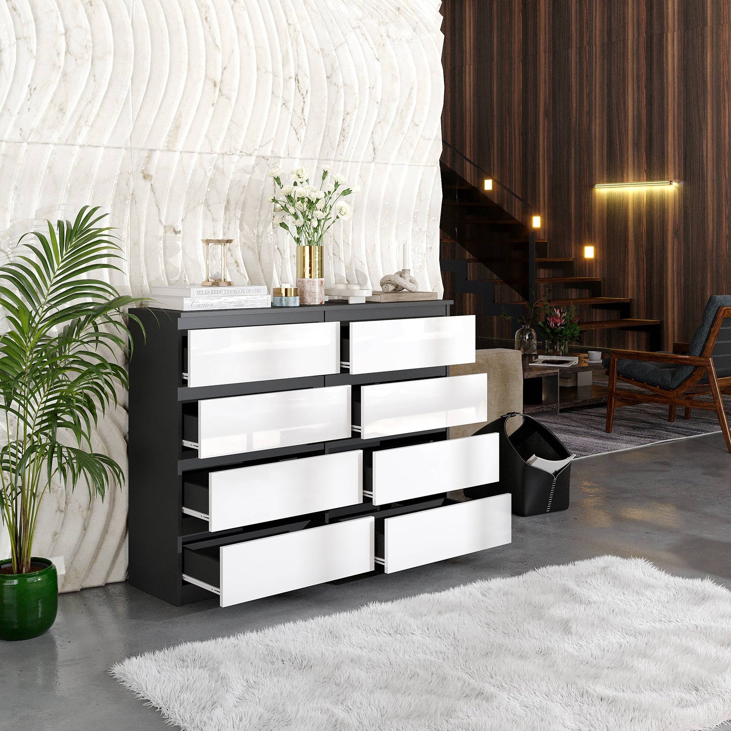 GABRIEL - Kommode / Sideboard mit 8 Schubladen - Anthrazit / Weiß Gloss H92cm B120cm T33cm