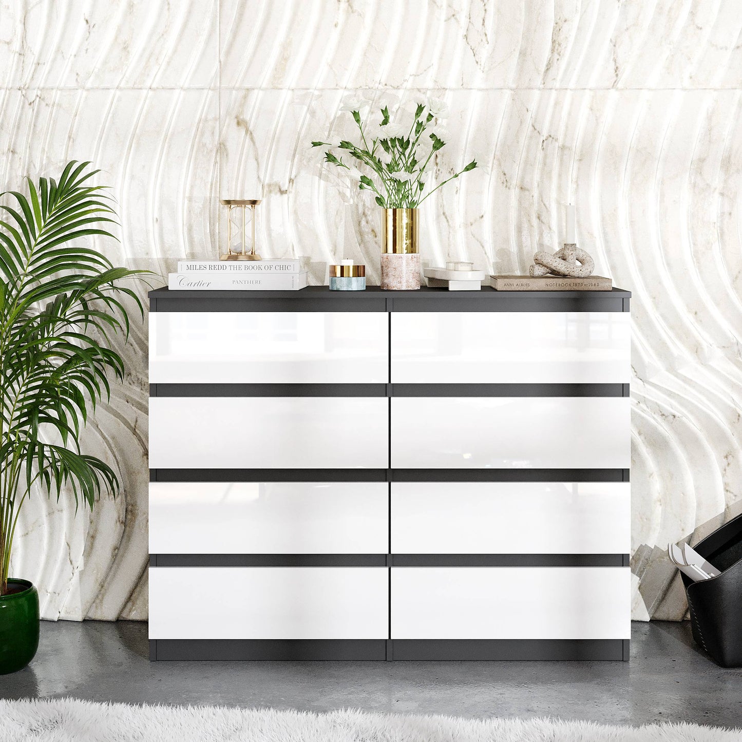 GABRIEL - Kommode / Sideboard mit 8 Schubladen - Anthrazit / Weiß Gloss H92cm B120cm T33cm