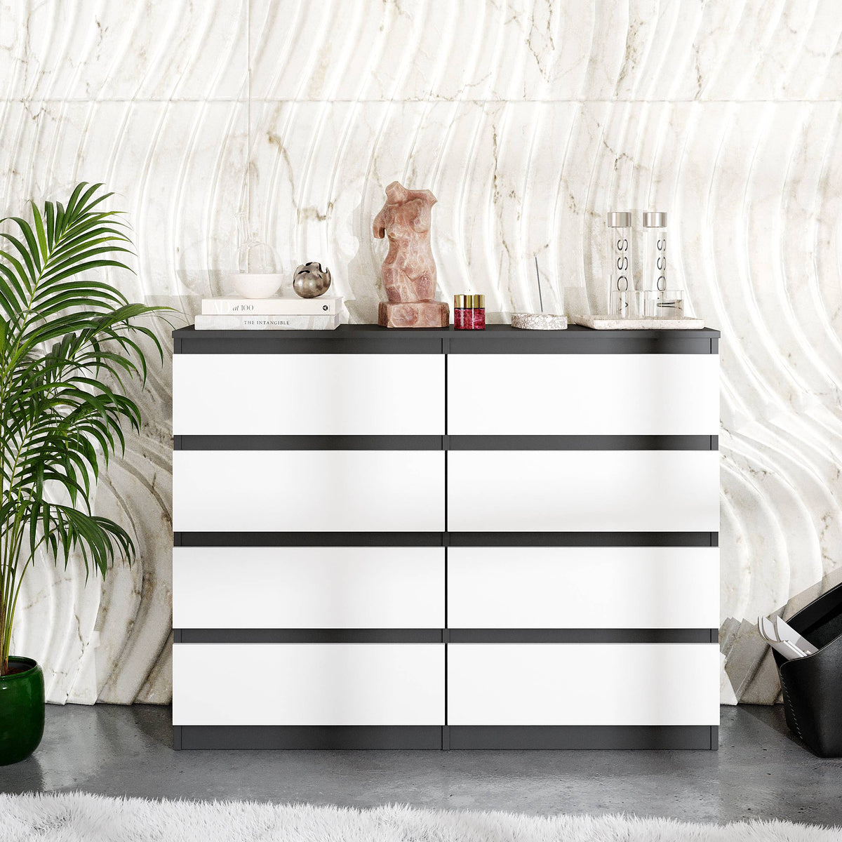 Kommode 120 cm GABRIEL, 8 Schubladen, Anthrazit/Weiß Matt – Furnica