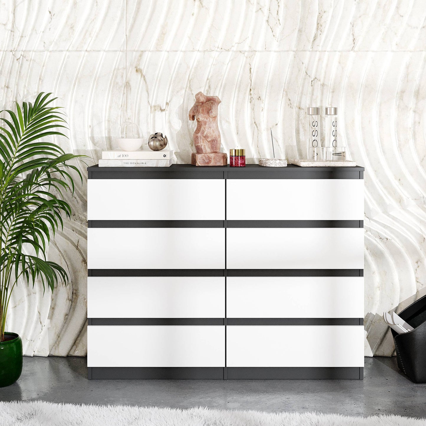 GABRIEL - Kommode / Sideboard mit 8 Schubladen - Anthrazit / Weiß Matt H92cm B120cm T33cm