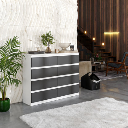 GABRIEL - Kommode / Sideboard mit 8 Schubladen - Weiß Matt / Anthrazit H92cm B120cm T33cm