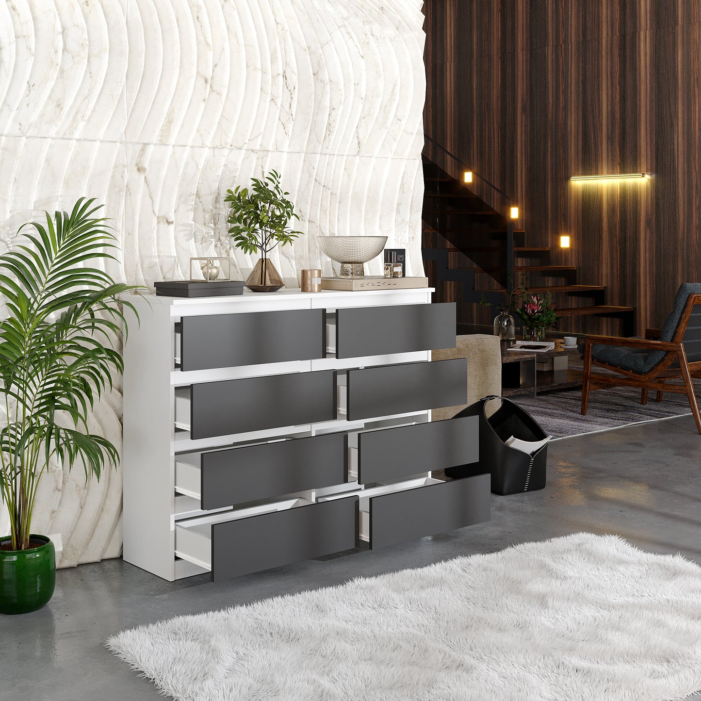 GABRIEL - Kommode / Sideboard mit 8 Schubladen - Weiß Matt / Anthrazit H92cm B120cm T33cm