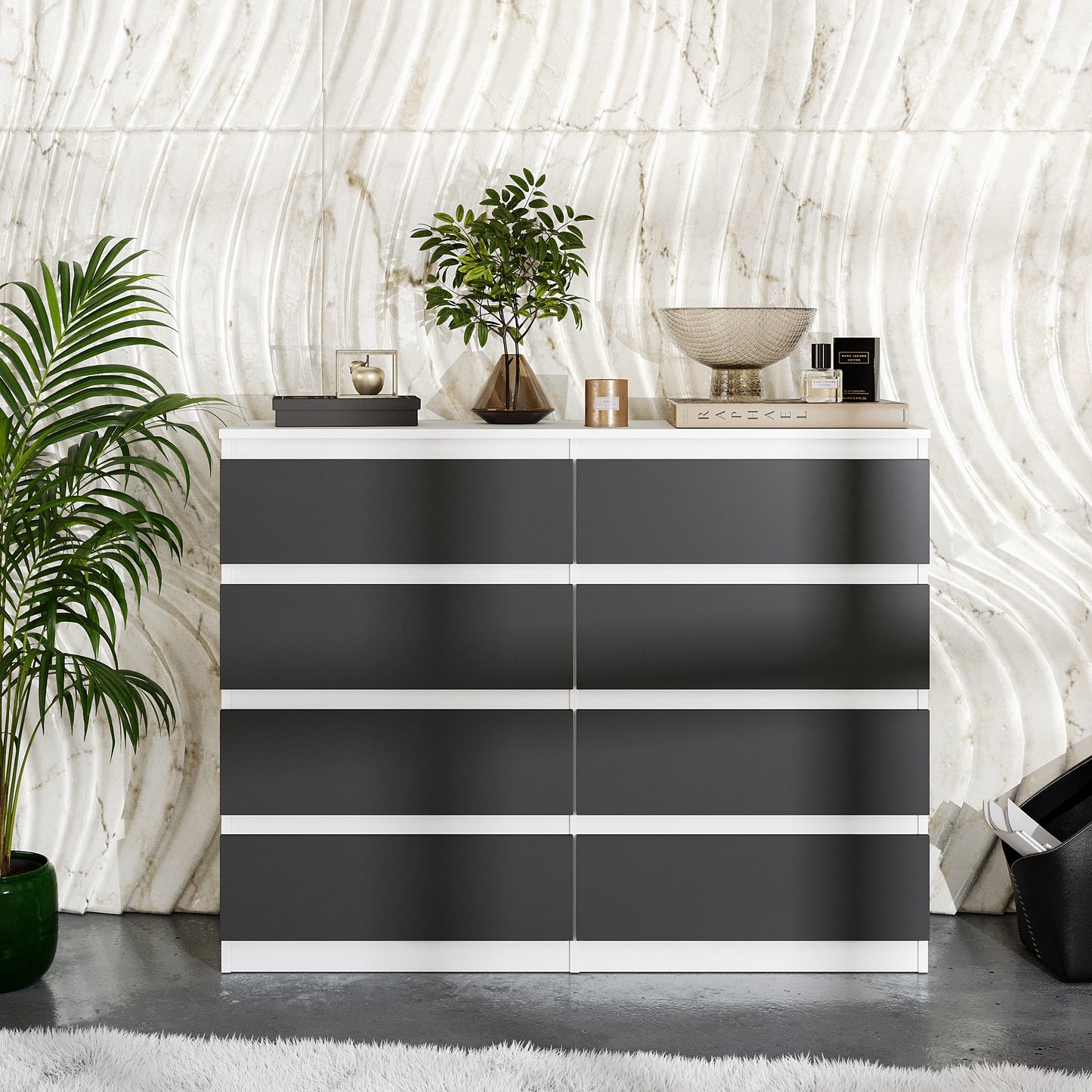 GABRIEL - Kommode / Sideboard mit 8 Schubladen - Weiß Matt / Anthrazit H92cm B120cm T33cm