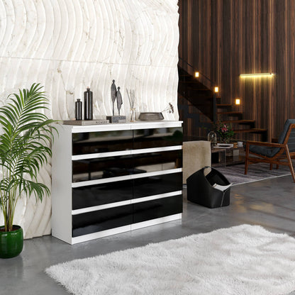 Kommode / Sideboard mit 8 Schubladen - Weiß / Schwarz Gloss H92cm W120cm D33cm