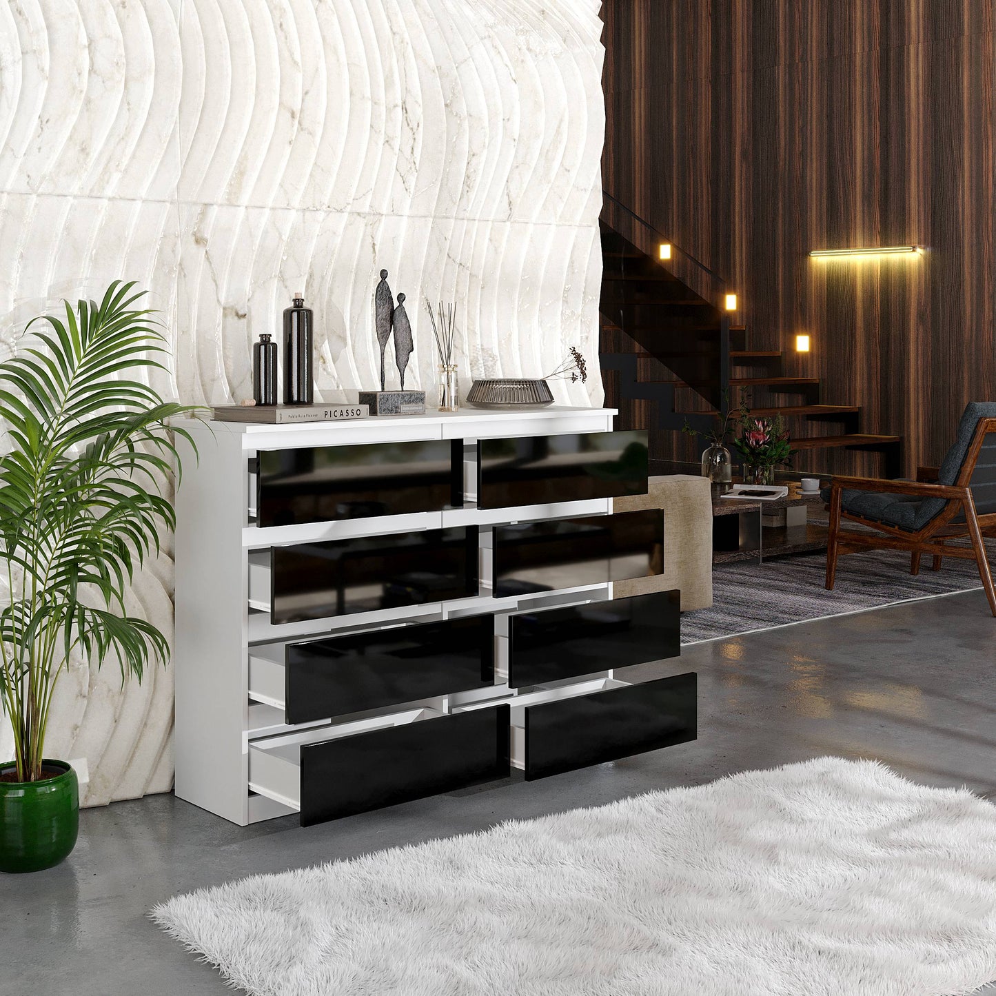 Kommode / Sideboard mit 8 Schubladen - Weiß / Schwarz Gloss H92cm W120cm D33cm