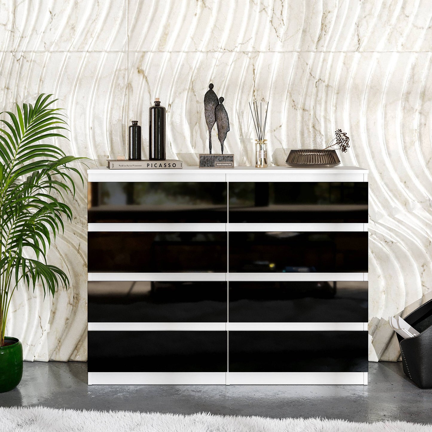 Kommode / Sideboard mit 8 Schubladen - Weiß / Schwarz Gloss H92cm W120cm D33cm