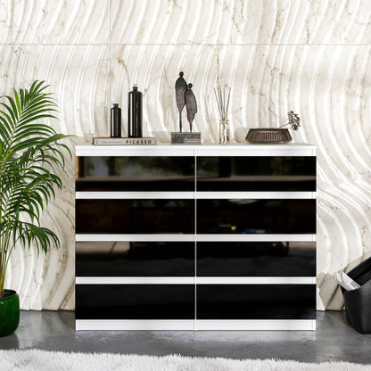 Kommode / Sideboard mit 8 Schubladen - Weiß / Schwarz Gloss H92cm W120cm D33cm