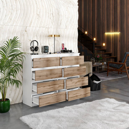 GABRIEL - Kommode / Sideboard mit 8 Schubladen - Weiß Matt / Wotan Eiche H92cm B120cm T33cm