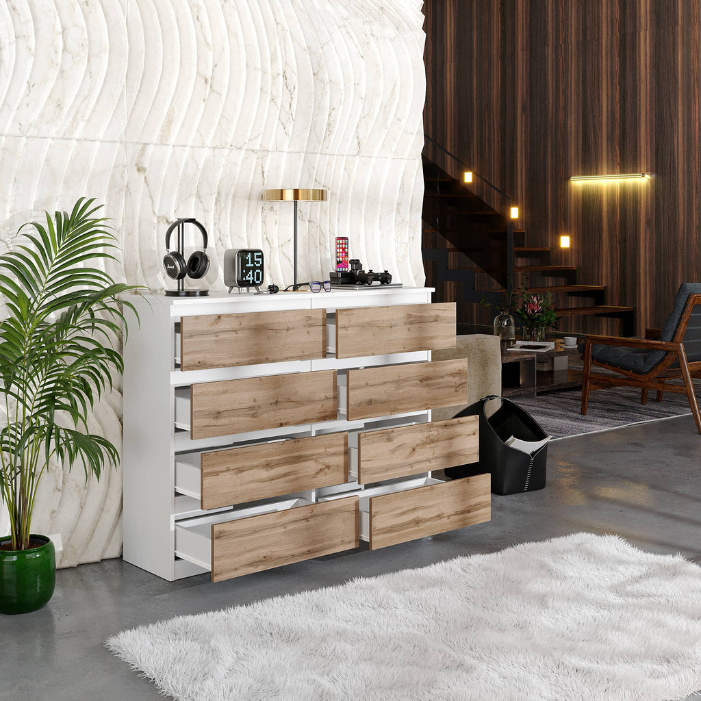 GABRIEL - Kommode / Sideboard mit 8 Schubladen - Weiß Matt / Wotan Eiche H92cm B120cm T33cm