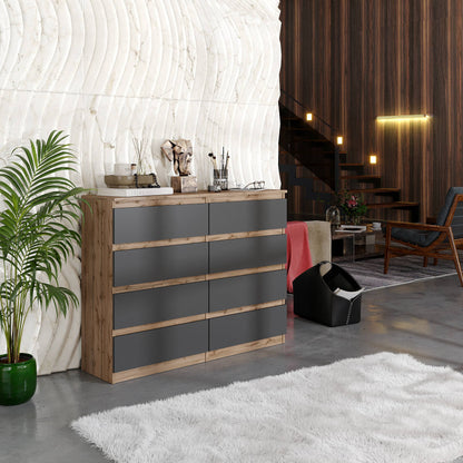 GABRIEL - Kommode / Sideboard mit 8 Schubladen - Wotan Eiche / Anthrazit H92cm B120cm T33cm