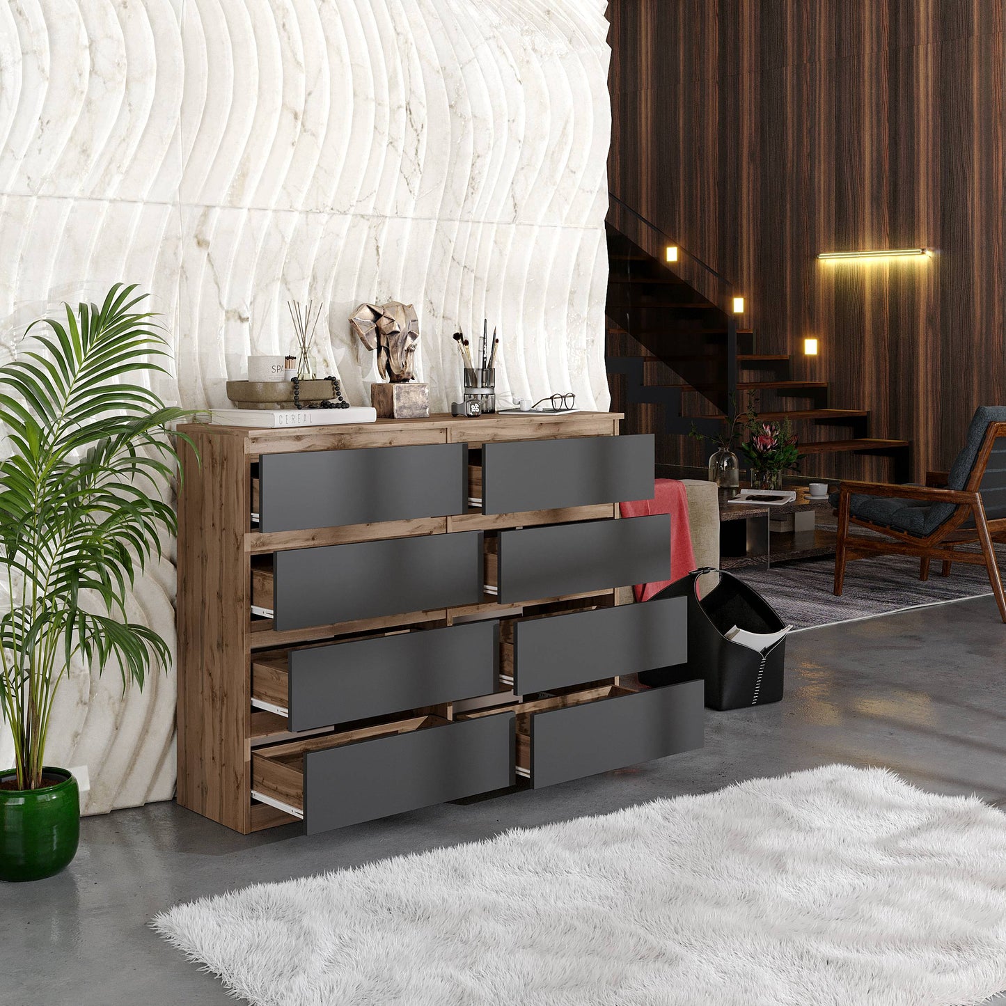 GABRIEL - Kommode / Sideboard mit 8 Schubladen - Wotan Eiche / Anthrazit H92cm B120cm T33cm