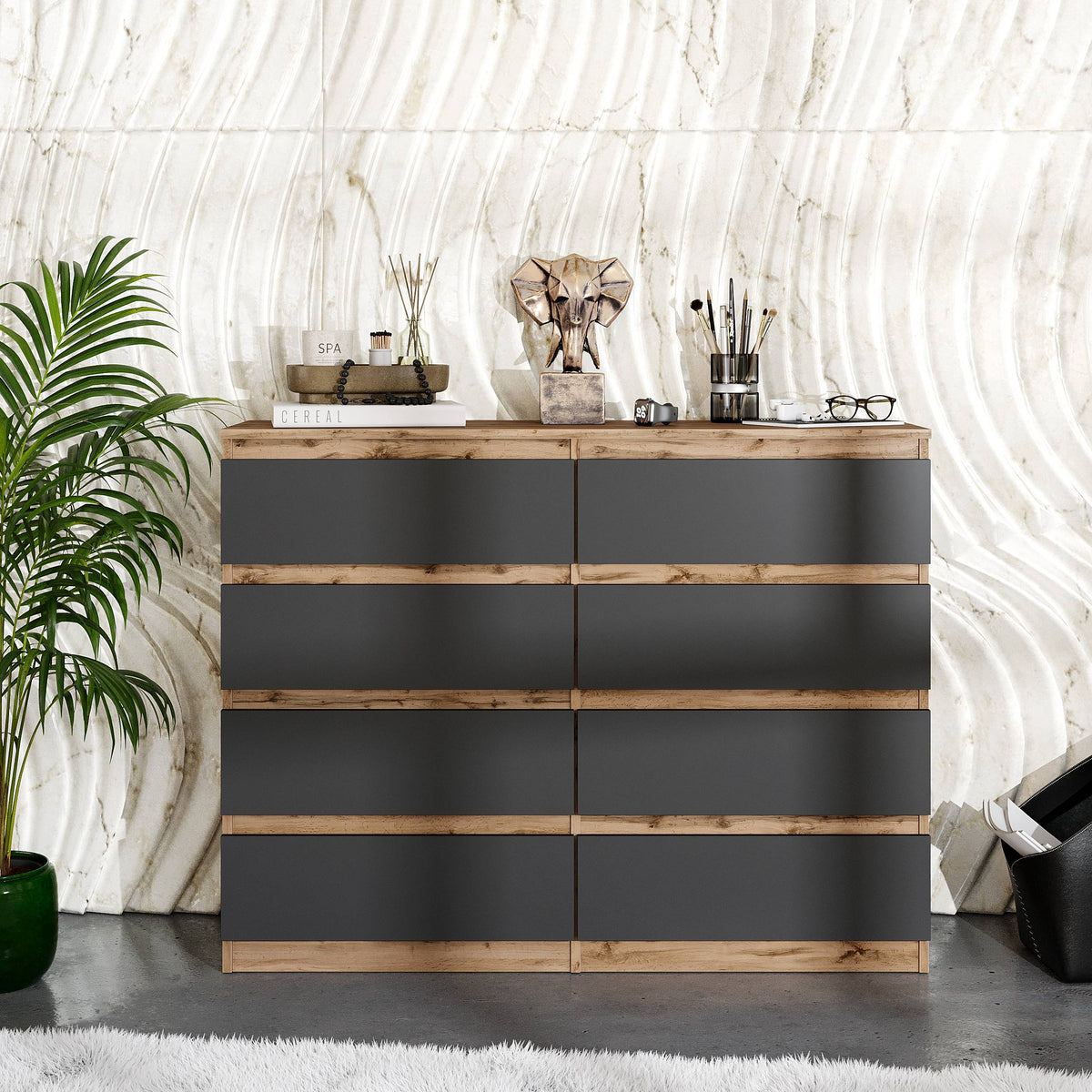 Kommode 120 cm GABRIEL, 8 Schubladen, Wotan/Anthrazit – Furnica