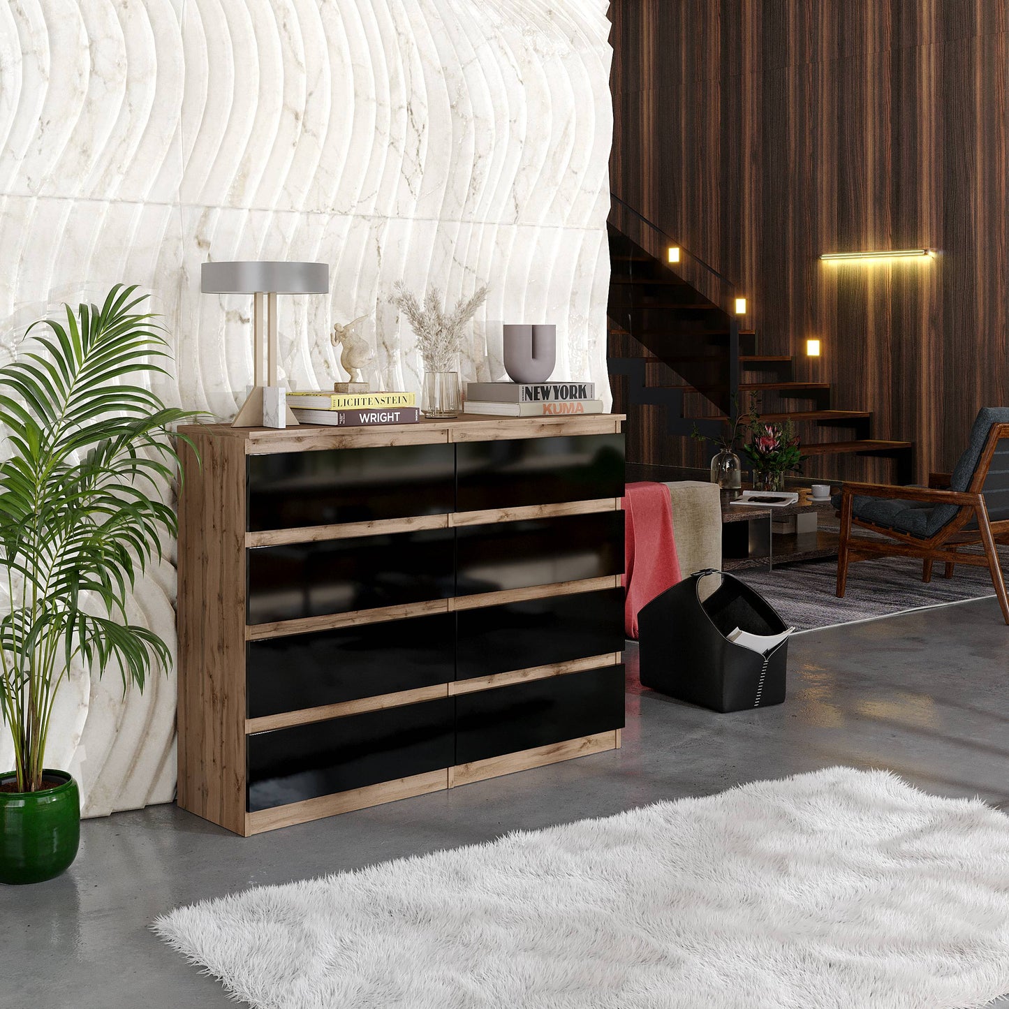 GABRIEL - Kommode / Sideboard mit 8 Schubladen - Wotan Eiche / Schwarz Gloss H92cm B120cm T33cm