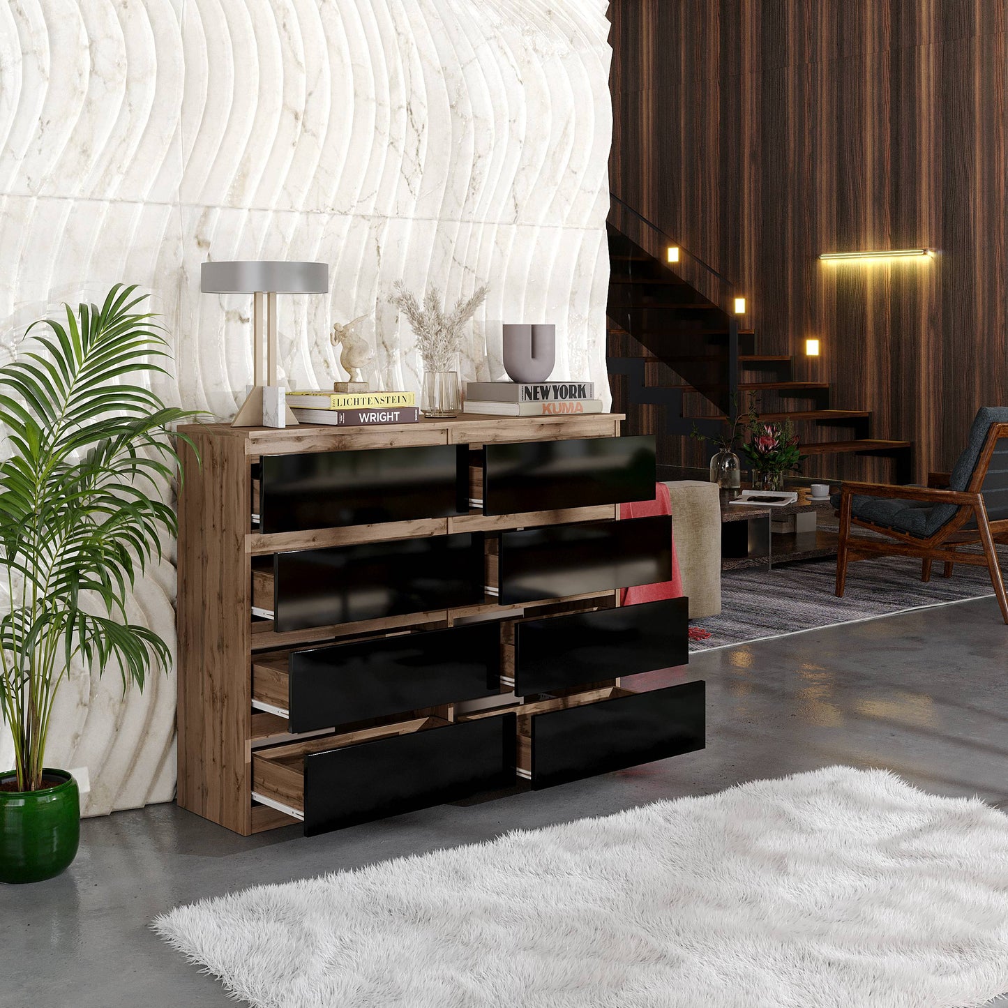 GABRIEL - Kommode / Sideboard mit 8 Schubladen - Wotan Eiche / Schwarz Gloss H92cm B120cm T33cm