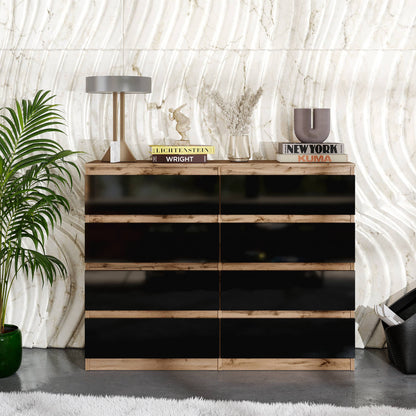 GABRIEL - Kommode / Sideboard mit 8 Schubladen - Wotan Eiche / Schwarz Gloss H92cm B120cm T33cm