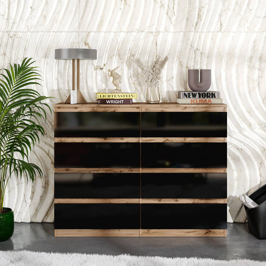 GABRIEL - Kommode / Sideboard mit 8 Schubladen - Wotan Eiche / Schwarz Gloss H92cm B120cm T33cm