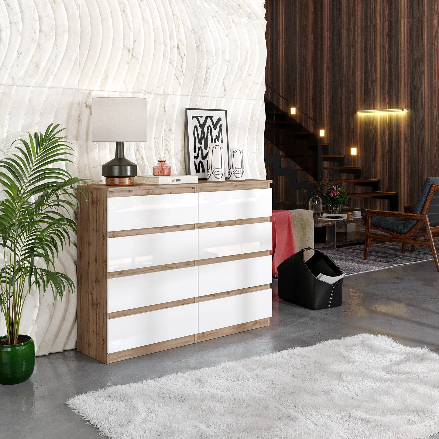 GABRIEL - Kommode / Sideboard mit 8 Schubladen - Wotan Eiche / Weiß Gloss H92cm B120cm T33cm