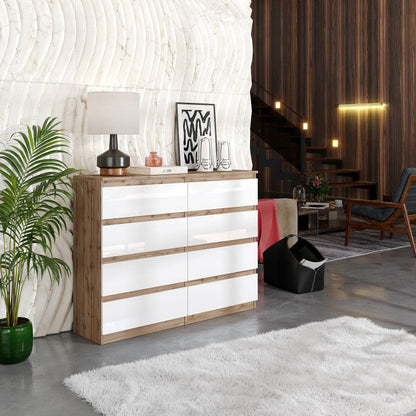 GABRIEL - Kommode / Sideboard mit 8 Schubladen - Wotan Eiche / Weiß Gloss H92cm B120cm T33cm