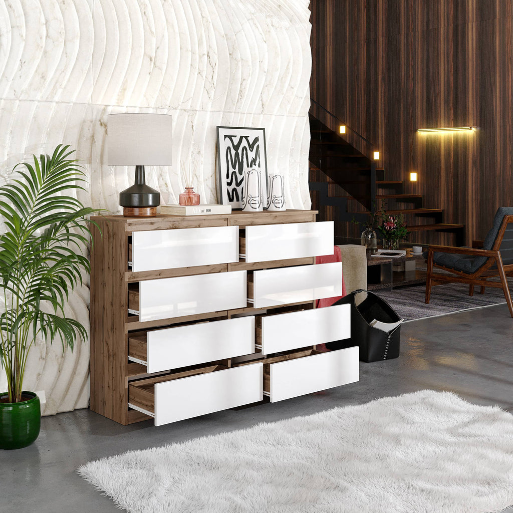 GABRIEL - Kommode / Sideboard mit 8 Schubladen - Wotan Eiche / Weiß Gloss H92cm B120cm T33cm