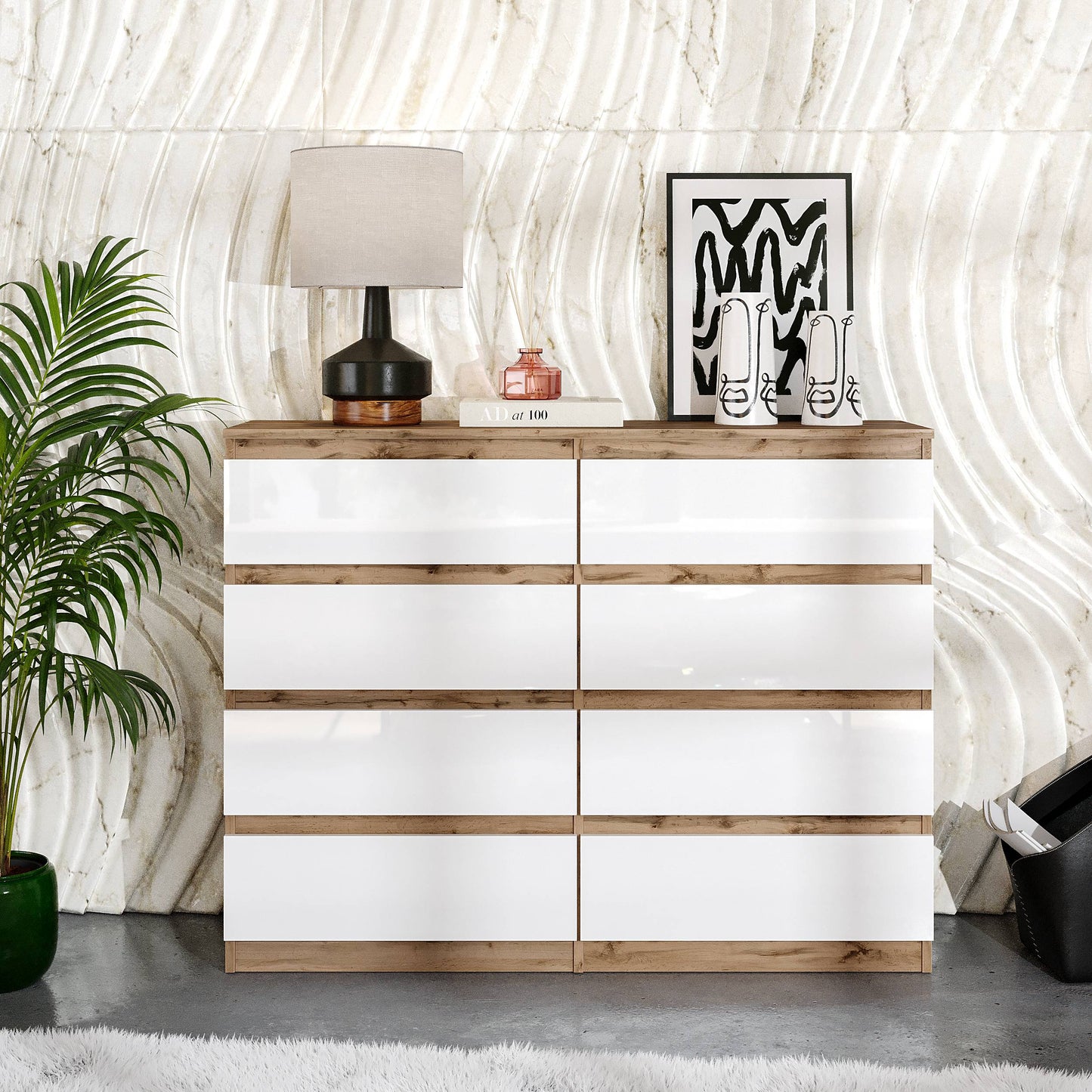 GABRIEL - Kommode / Sideboard mit 8 Schubladen - Wotan Eiche / Weiß Gloss H92cm B120cm T33cm