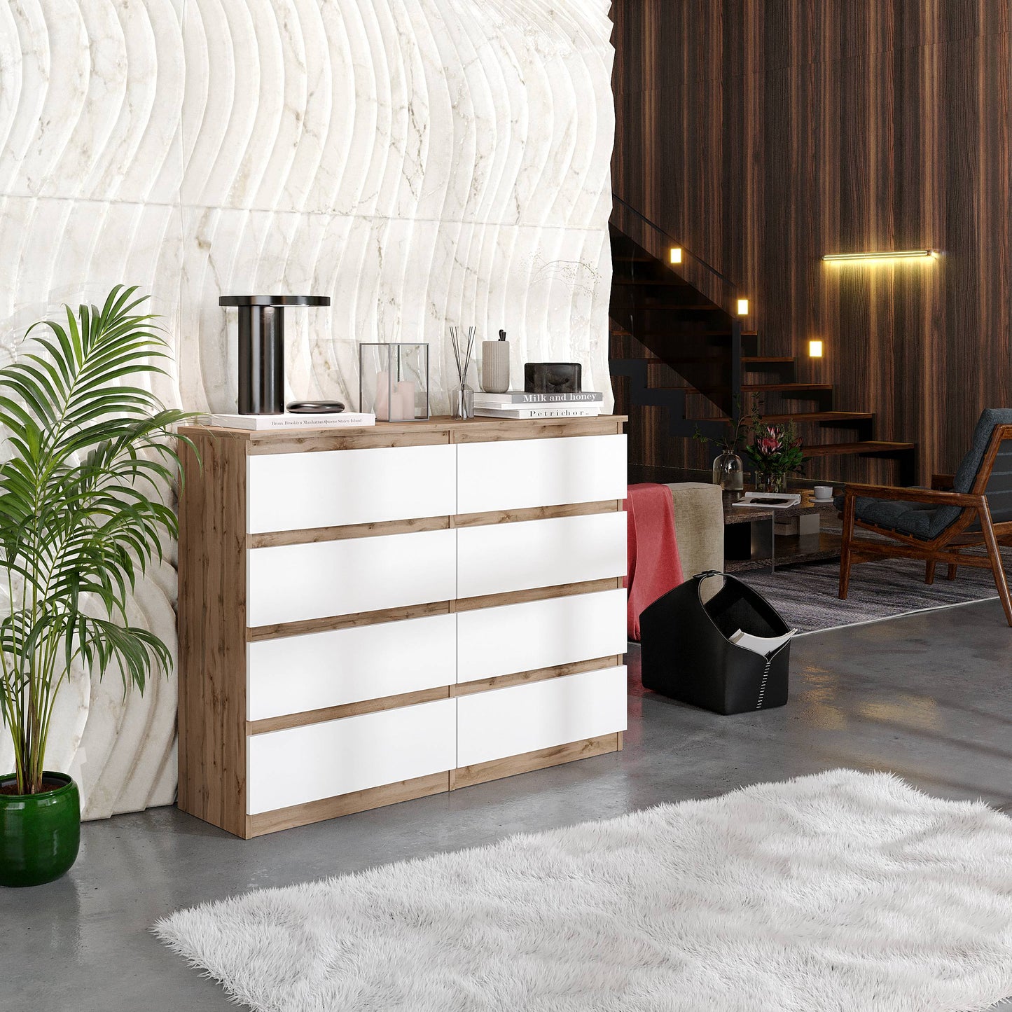 GABRIEL - Kommode / Sideboard mit 8 Schubladen - Wotan Eiche / Weiß Matt H92cm B120cm T33cm