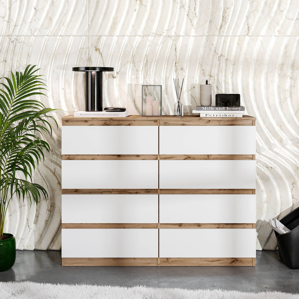 GABRIEL - Kommode / Sideboard mit 8 Schubladen - Wotan Eiche / Weiß Matt H92cm B120cm T33cm