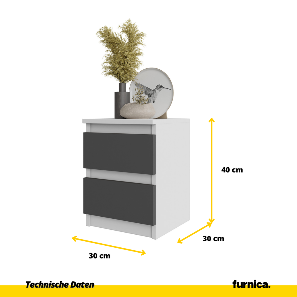 GABRIEL - Nachttisch - Nachtschrank mit 2 Schubladen - Weiß Matt / Anthrazit Grau H40cm B30cm T30cm