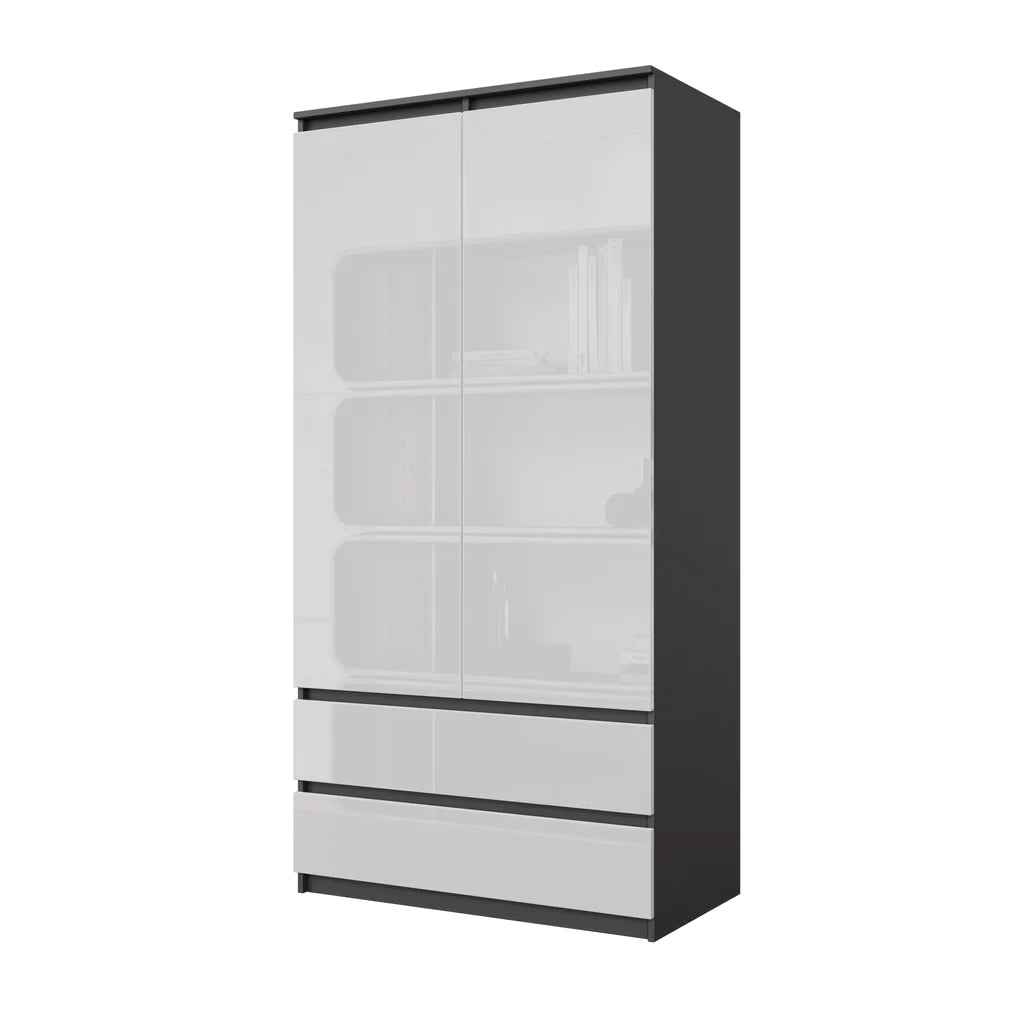 JOELLE - Kleiderschrank mit 2 Türen und 2 Schubladen -  Anthrazit / Weißglanz H180cm B90cm T50cm