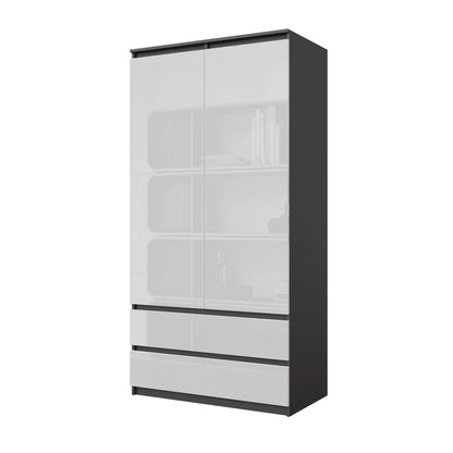 JOELLE - Kleiderschrank mit 2 Türen und 2 Schubladen -  Anthrazit / Weißglanz H180cm B90cm T50cm