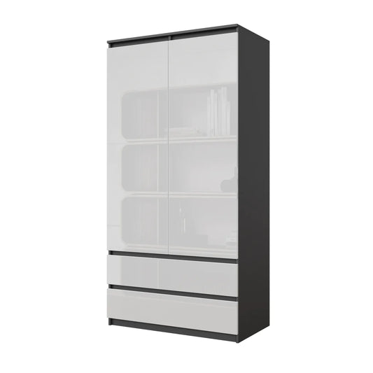 JOELLE - Kleiderschrank mit 2 Türen und 2 Schubladen -  Anthrazit / Weißglanz H180cm B90cm T50cm