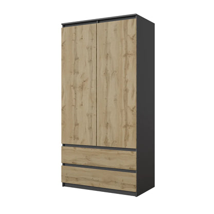 JOELLE - Kleiderschrank mit 2 Türen und 2 Schubladen - Anthrazit Grau / Wotan Eiche H180cm B90cm T50cm